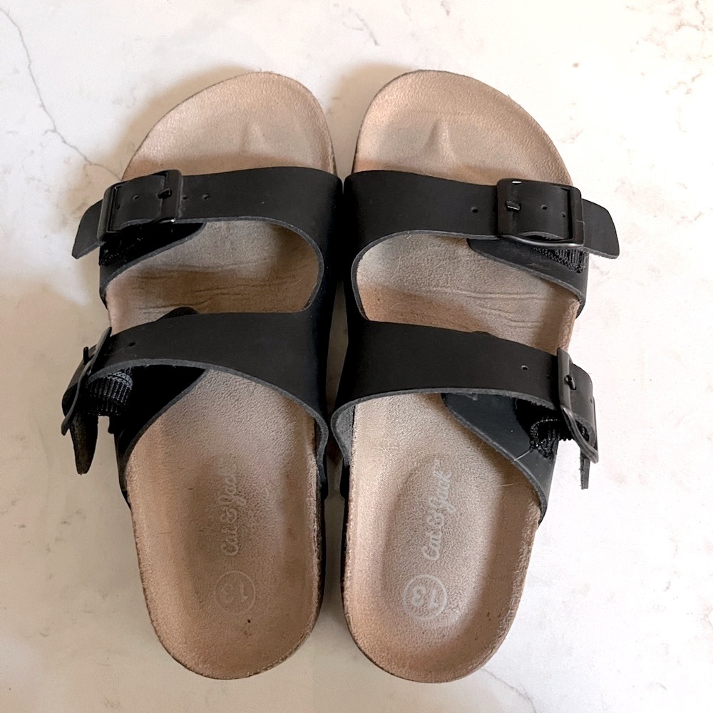 Kids Cat & Jack Birkenstock like Black Sandals with Tan Footbed